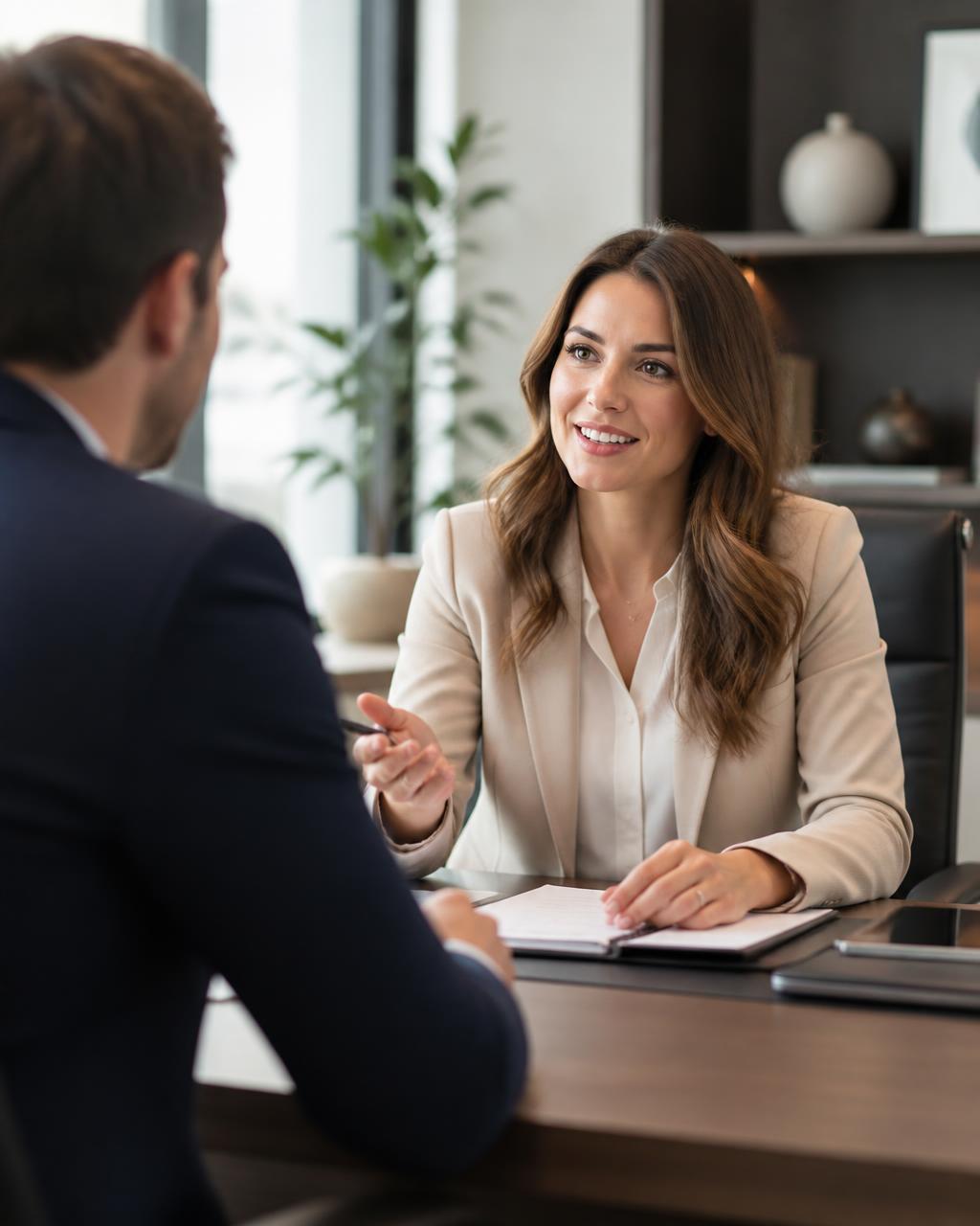 Financial advisor meeting with a client in a modern office